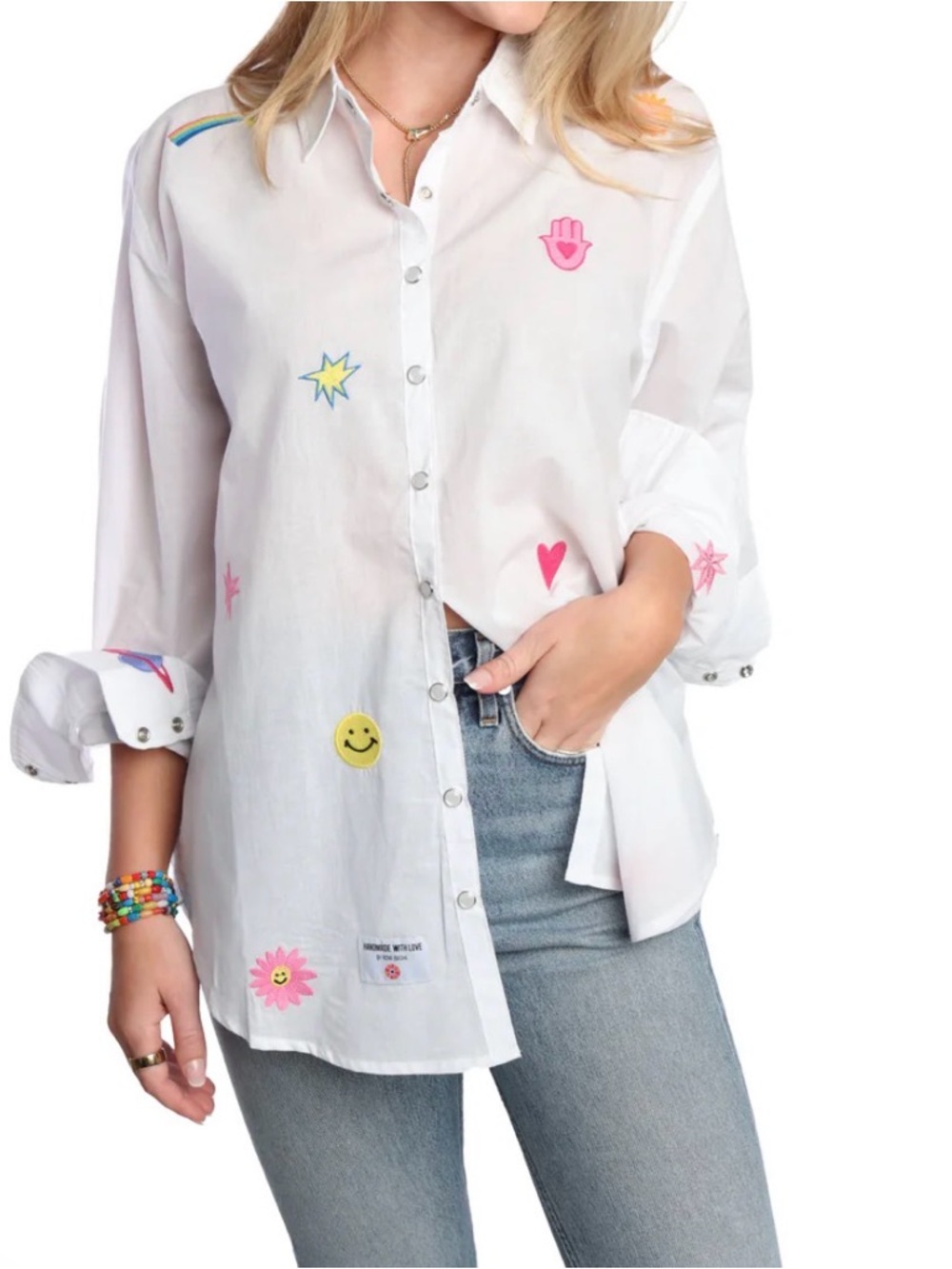 Romi Basha white peony shirt embroidered one size resort wear